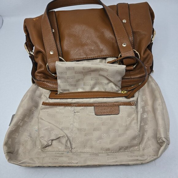 Michael Kors Brown Leather Shoulder Bag Handbag Satchel Gold Dual Handles - Picture 12 of 16